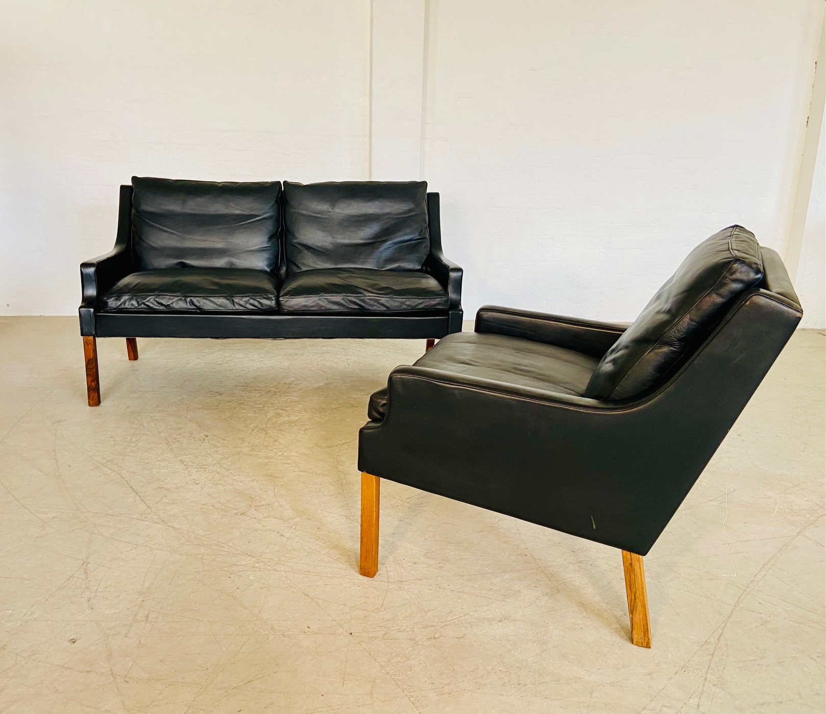 Vintage Danish Mid Century G. Thams Sofa and Lounge Chair Set in Black Leather 1960,s