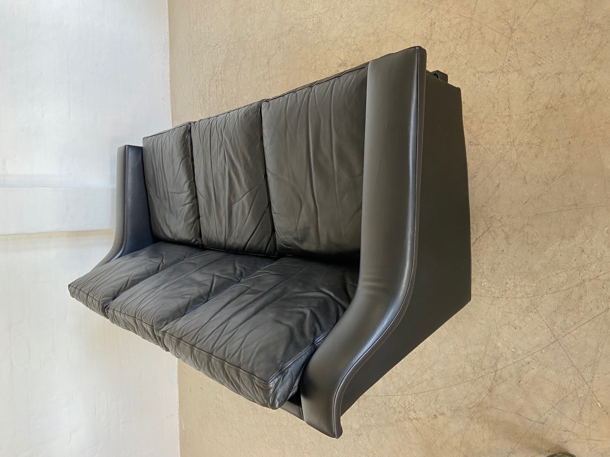 VINTAGE DANISH RETRO 3 PERSON BLACK LEATHER SOFA 1960,s