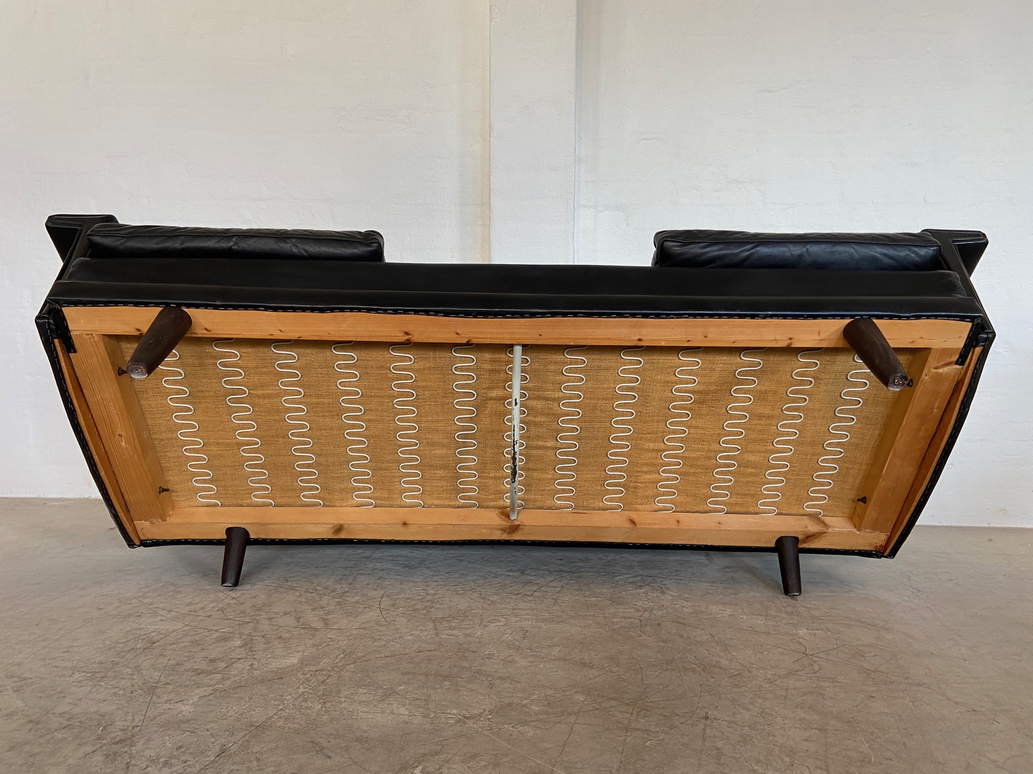 VINTAGE DANISH RETRO 3 PERSON BLACK LEATHER SOFA 1960,s