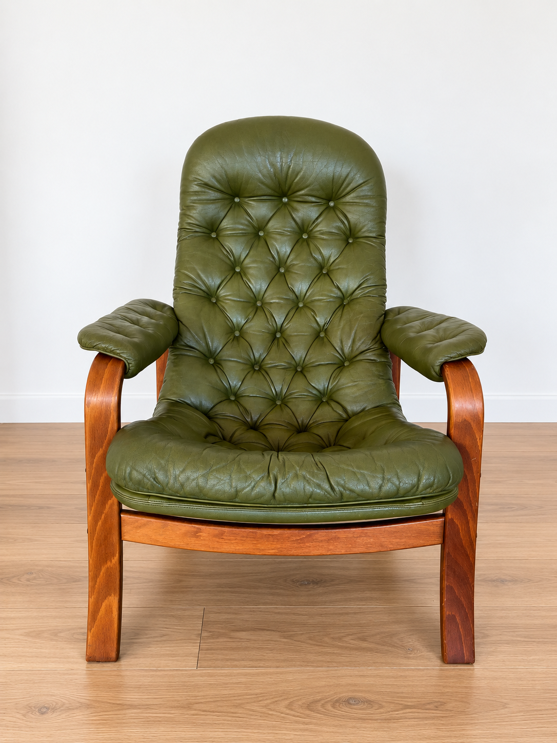 Vintage Swedish Mid-Century Olive Green Leather Lounge Chair by Gote Møbler – 1970s