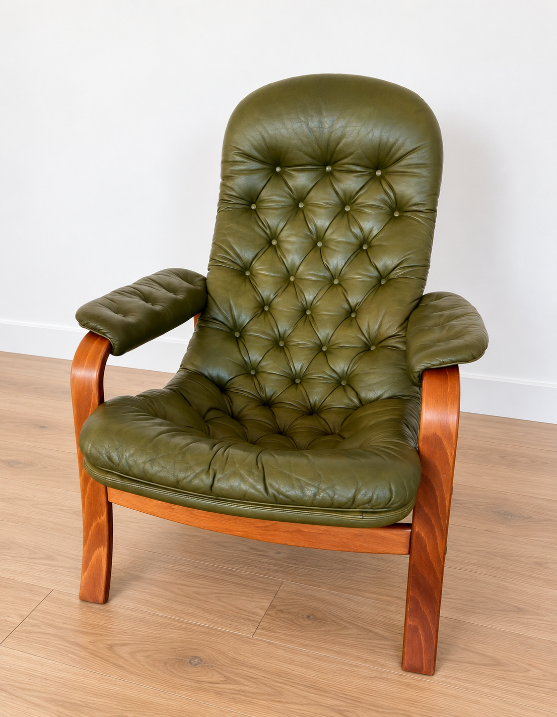 Vintage Swedish Mid-Century Olive Green Leather Lounge Chair by Gote Møbler – 1970s