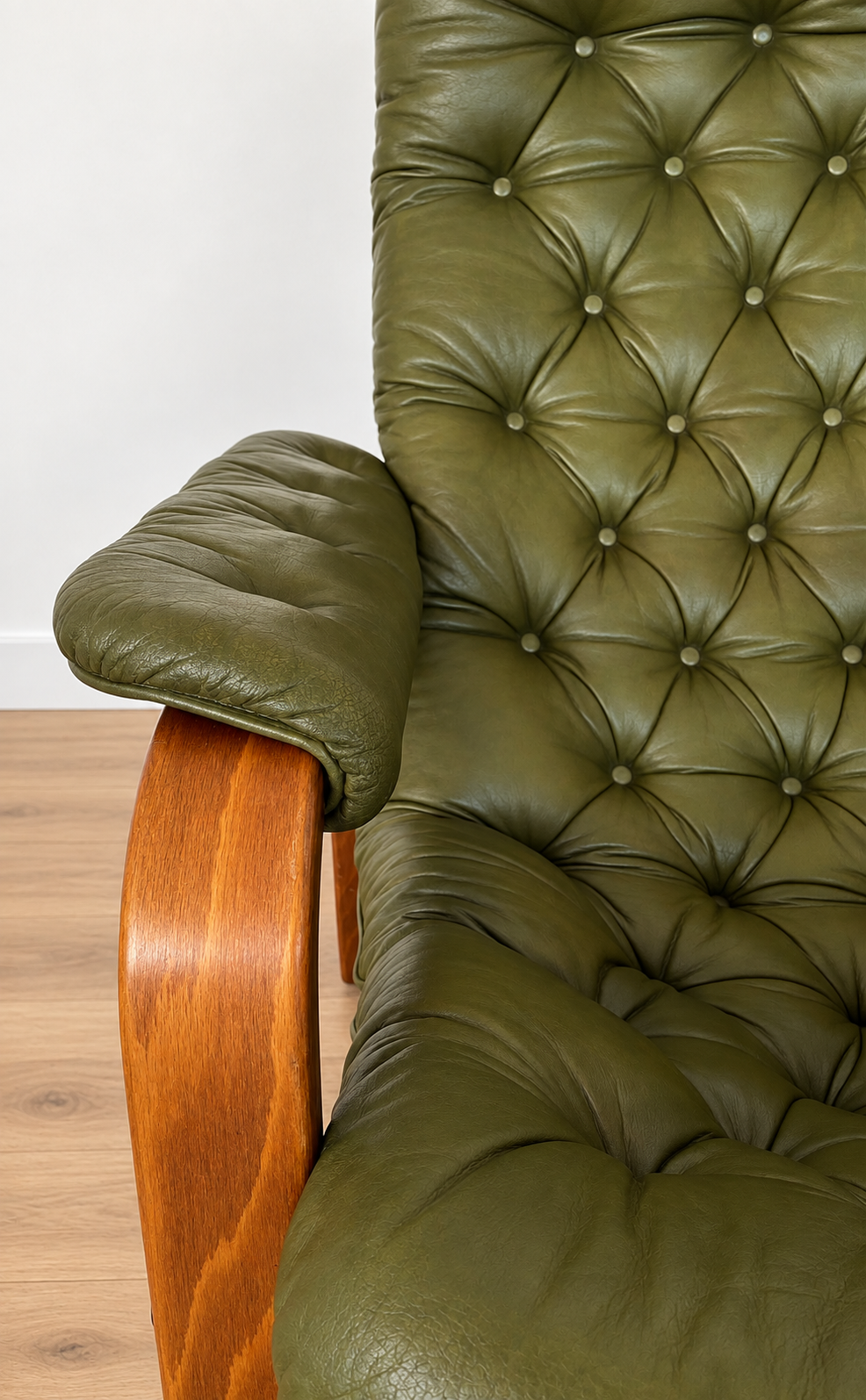 Vintage Swedish Mid-Century Olive Green Leather Lounge Chair by Gote Møbler – 1970s