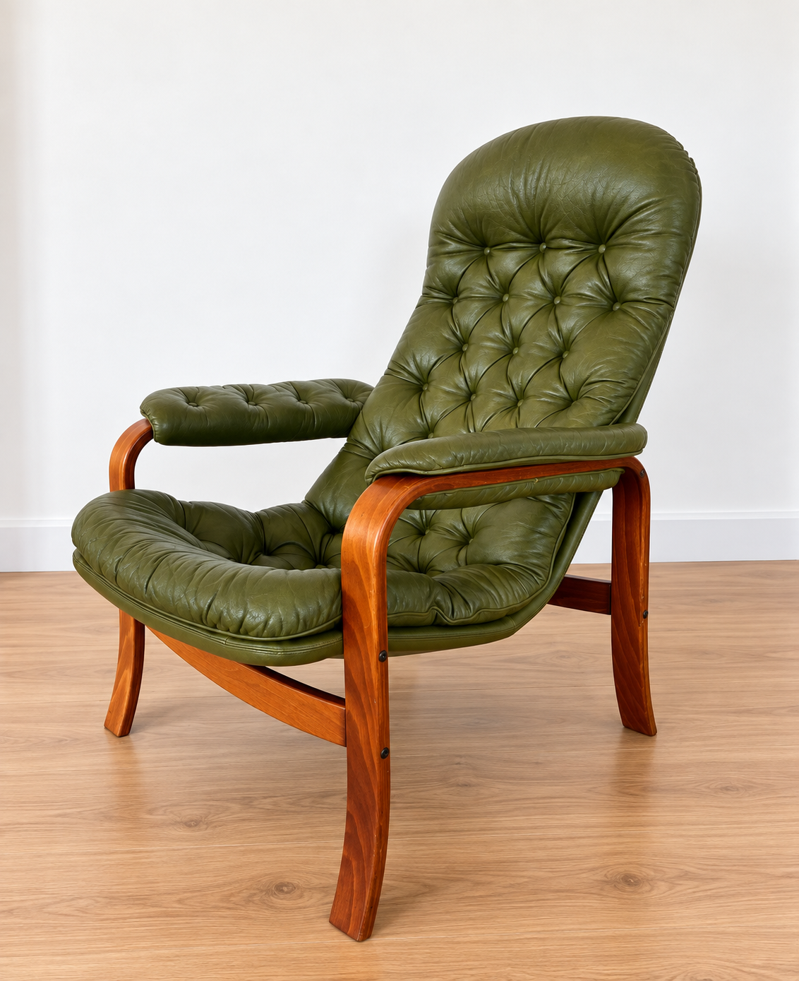 Vintage Swedish Mid-Century Olive Green Leather Lounge Chair by Gote Møbler – 1970s