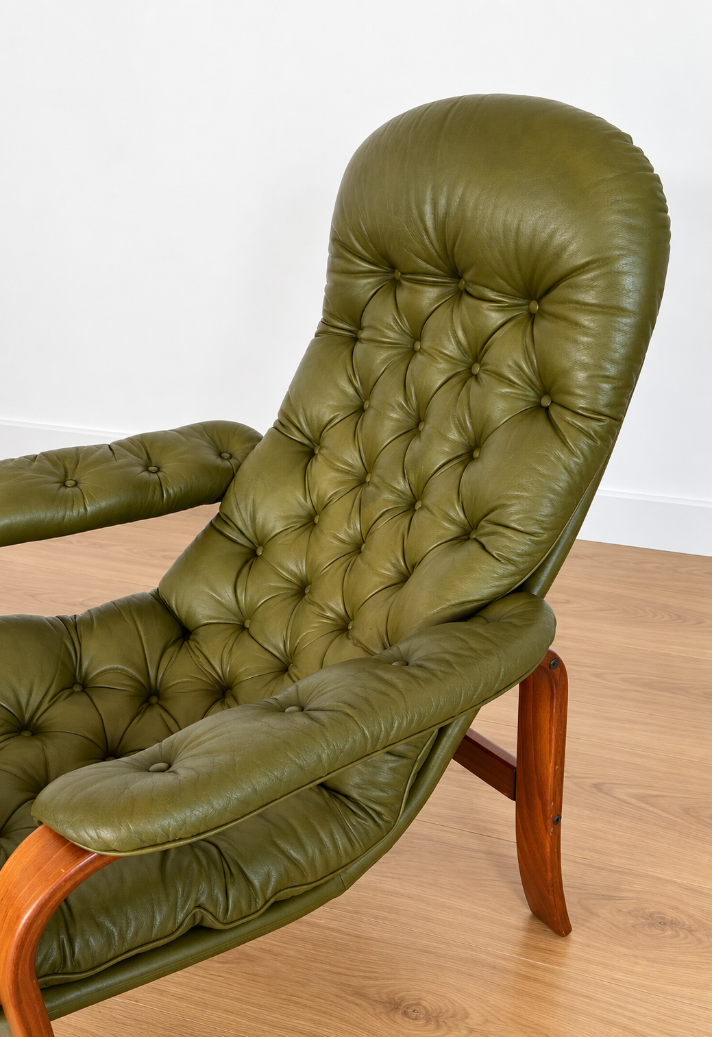 Vintage Swedish Mid-Century Olive Green Leather Lounge Chair by Gote Møbler – 1970s