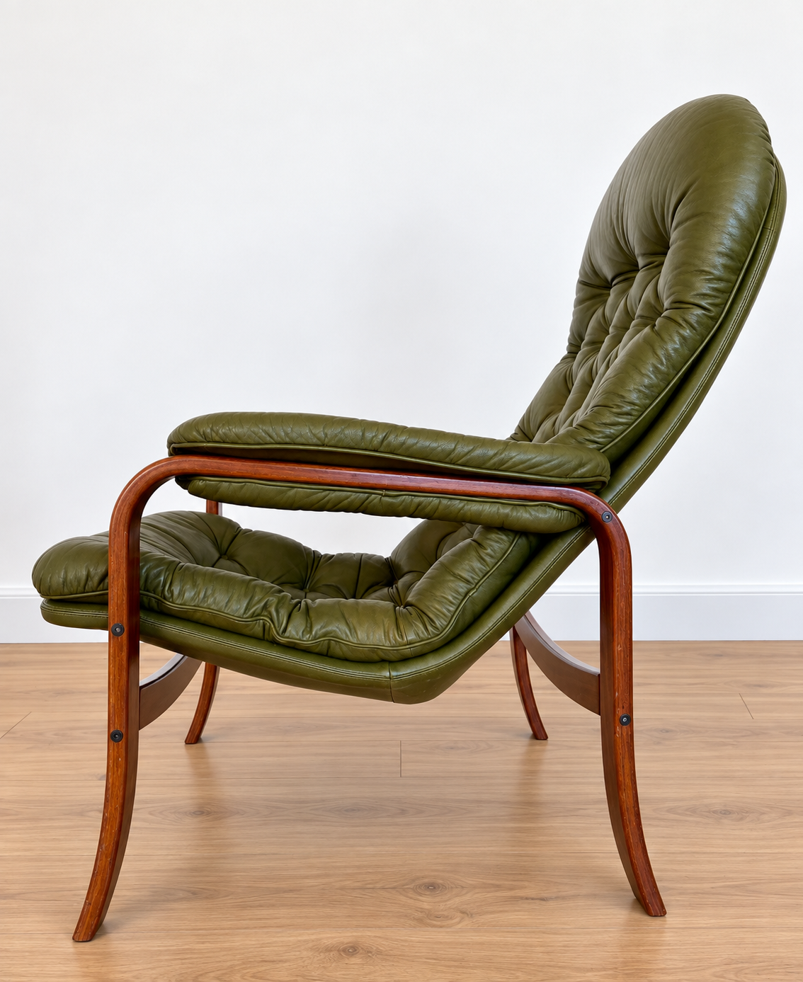 Vintage Swedish Mid-Century Olive Green Leather Lounge Chair by Gote Møbler – 1970s