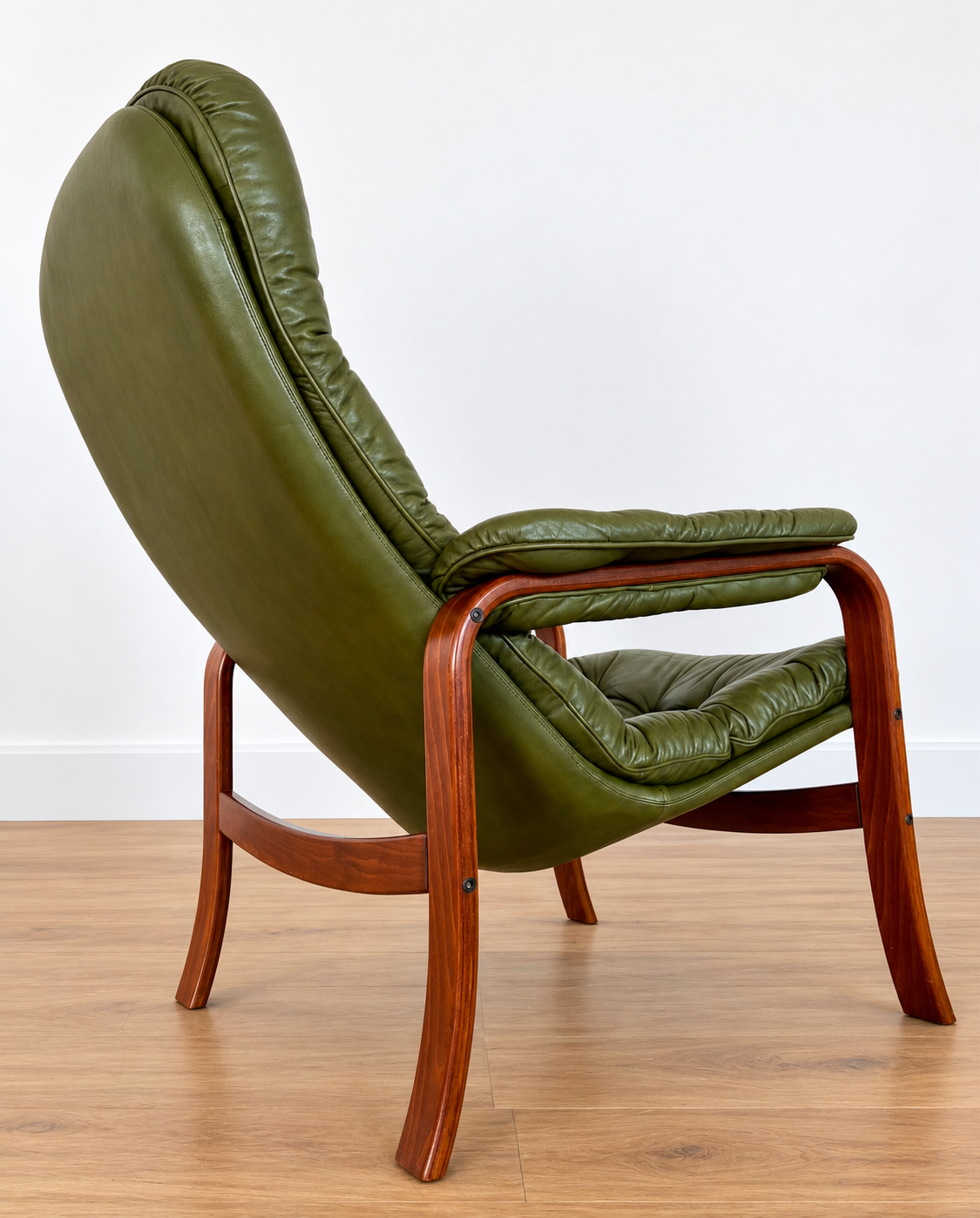Vintage Swedish Mid-Century Olive Green Leather Lounge Chair by Gote Møbler – 1970s