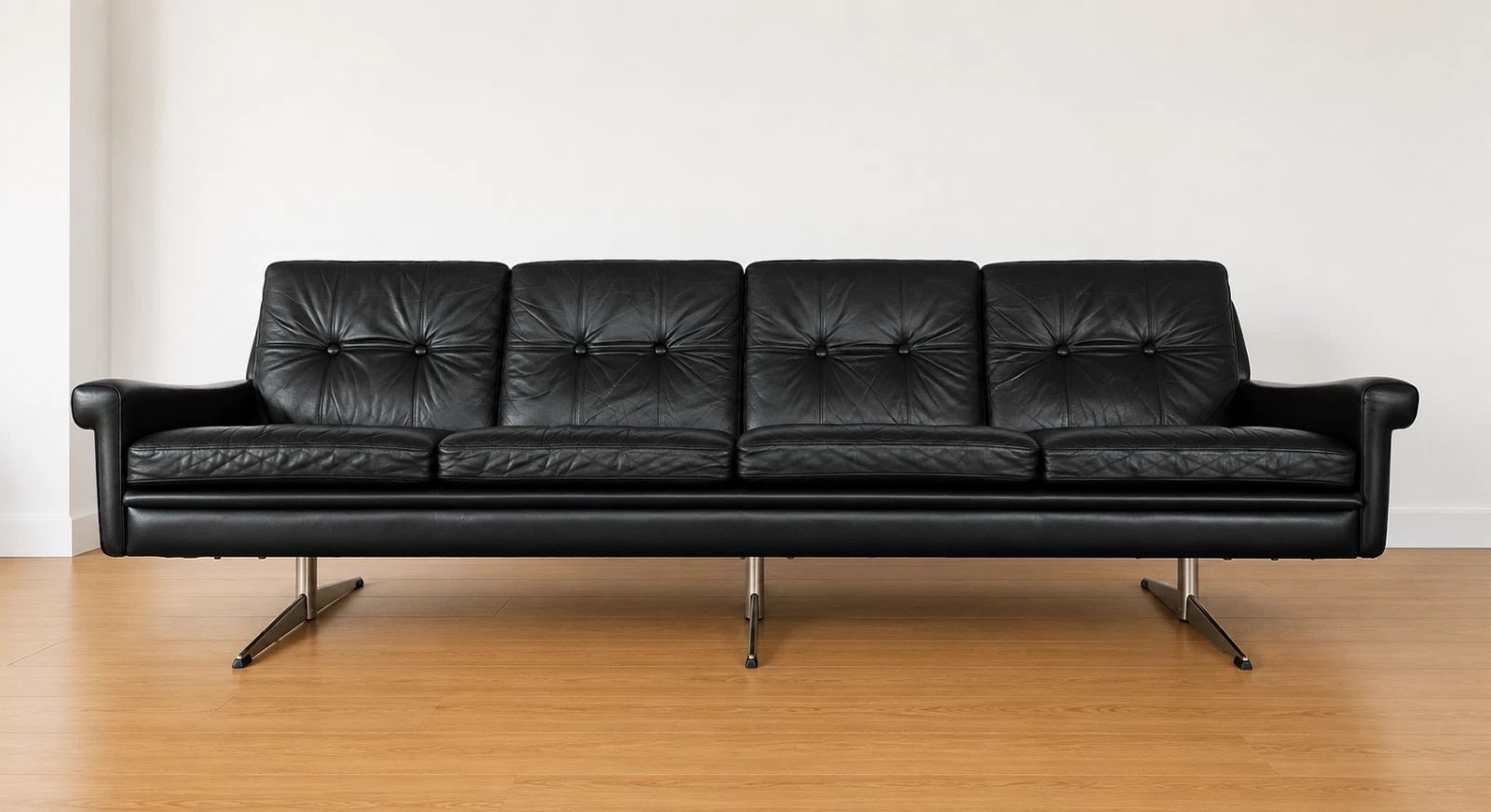 VINTAGE DANISH SVEND SKIPPER 4 PERSON SOFA IN BLACK LEATHER and CHROME