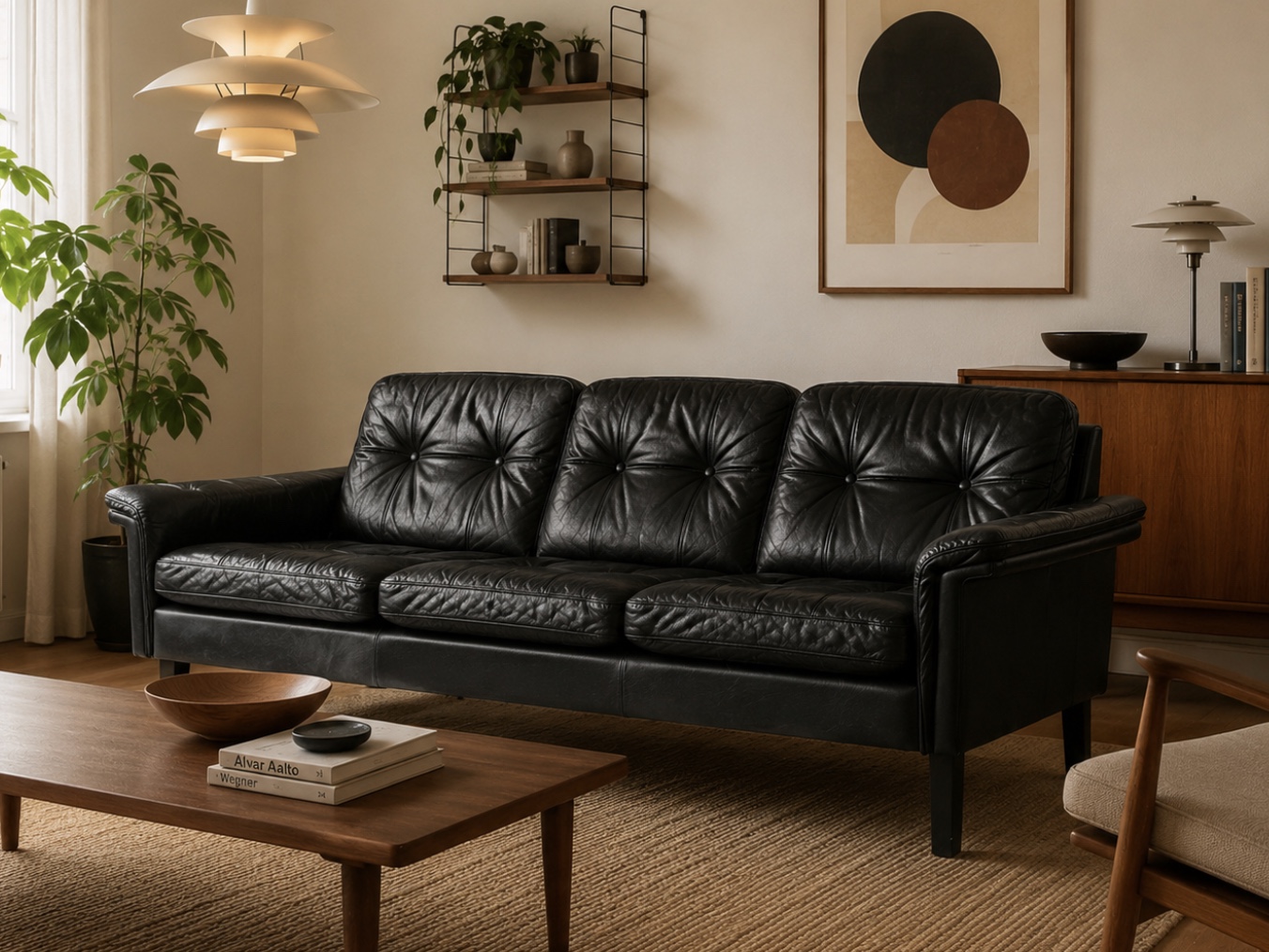 Vintage Danish Mid Century  3 Person Black Leather Sofa 1970,s