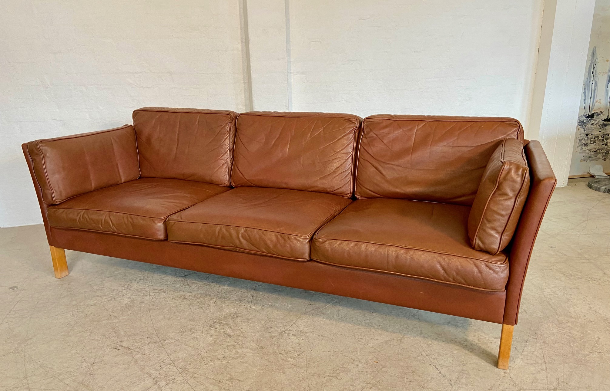 VINTAGE DANISH MID CENTURY MOGENS HANSEN 3 PERSON COGNAC LEATHER SOFA 1960,s
