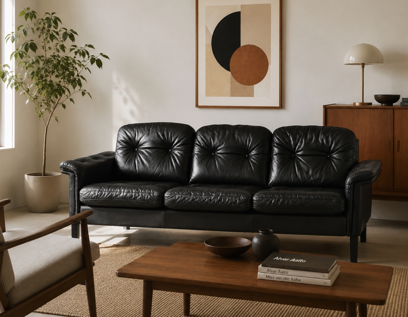 Image 14-05-2026 at 05.54 Vintage Danish Mid Century 3 Person Black Leather Sofa 1970,s