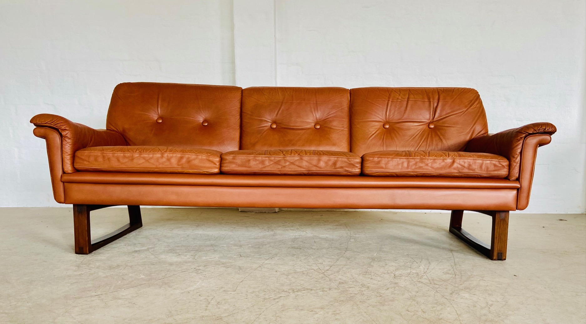 IMG_3728 Vintage Danish Mid Century Svend Skipper Cognac 3 Person Sofa 1970,s