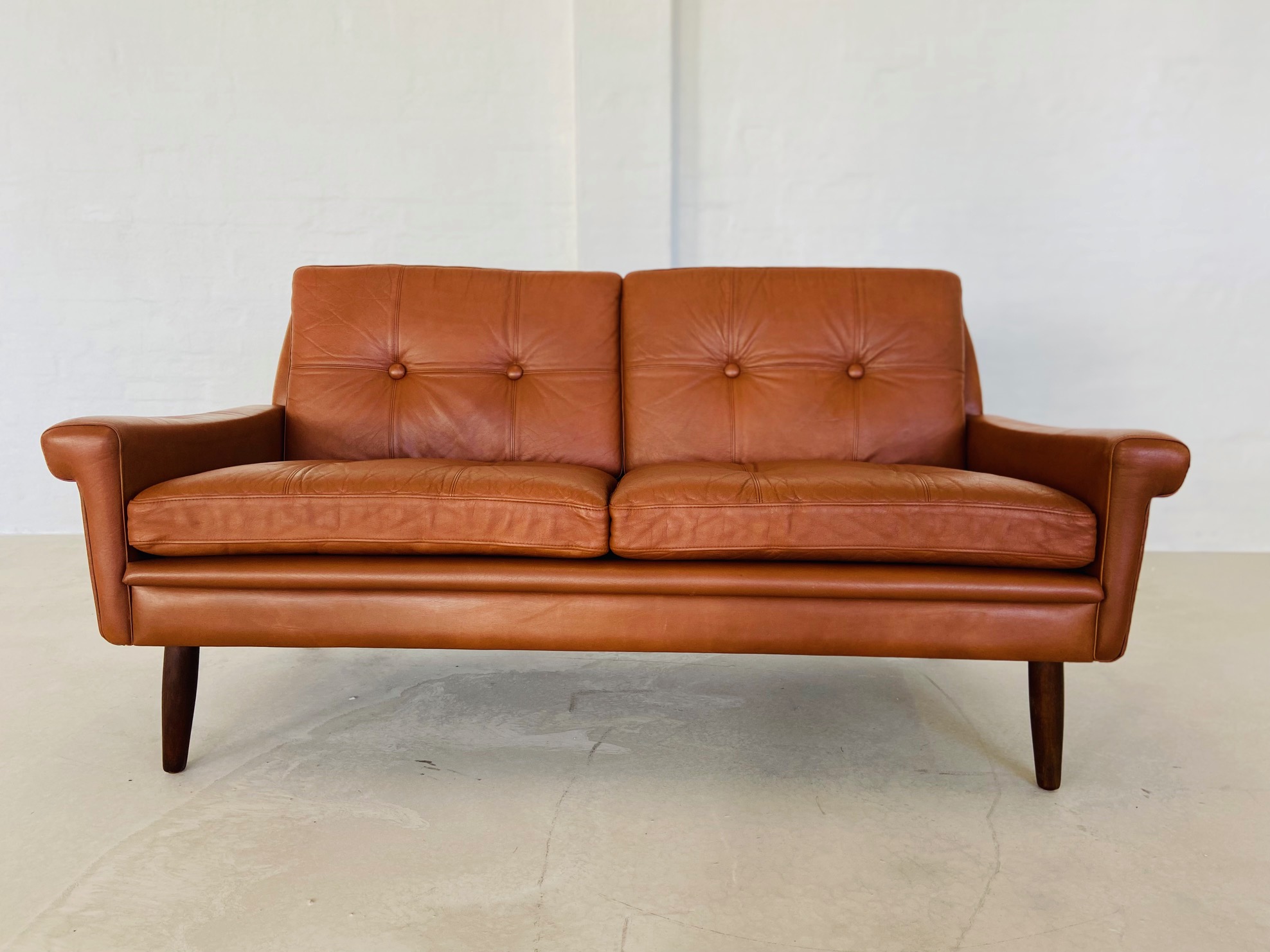 Vintage Danish Mid Century Svend Skipper 2 Person Cognac Leather Sofa