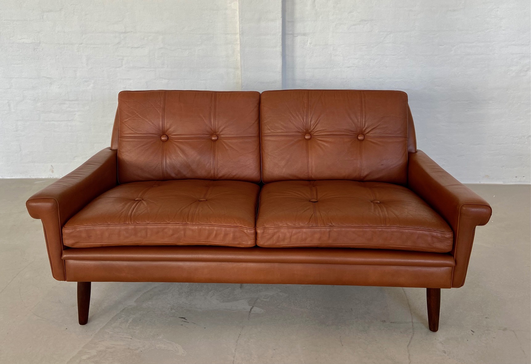 Vintage Danish Mid Century Svend Skipper 2 Person Cognac Leather Sofa