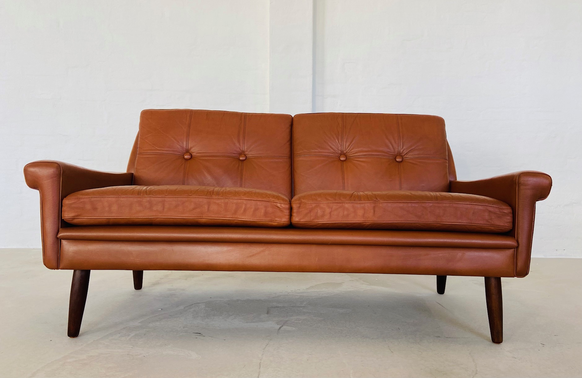 Vintage Danish Mid Century Svend Skipper 2 Person Cognac Leather Sofa