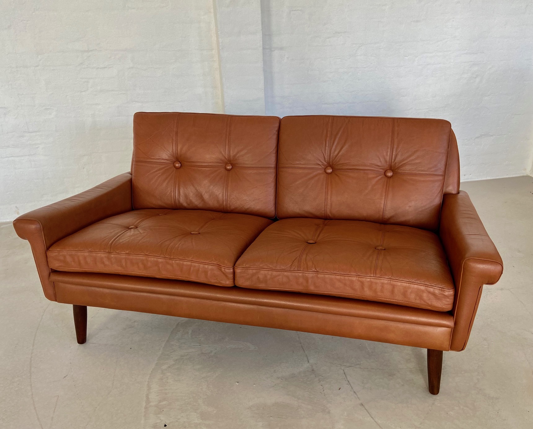 Vintage Danish Mid Century Svend Skipper 2 Person Cognac Leather Sofa