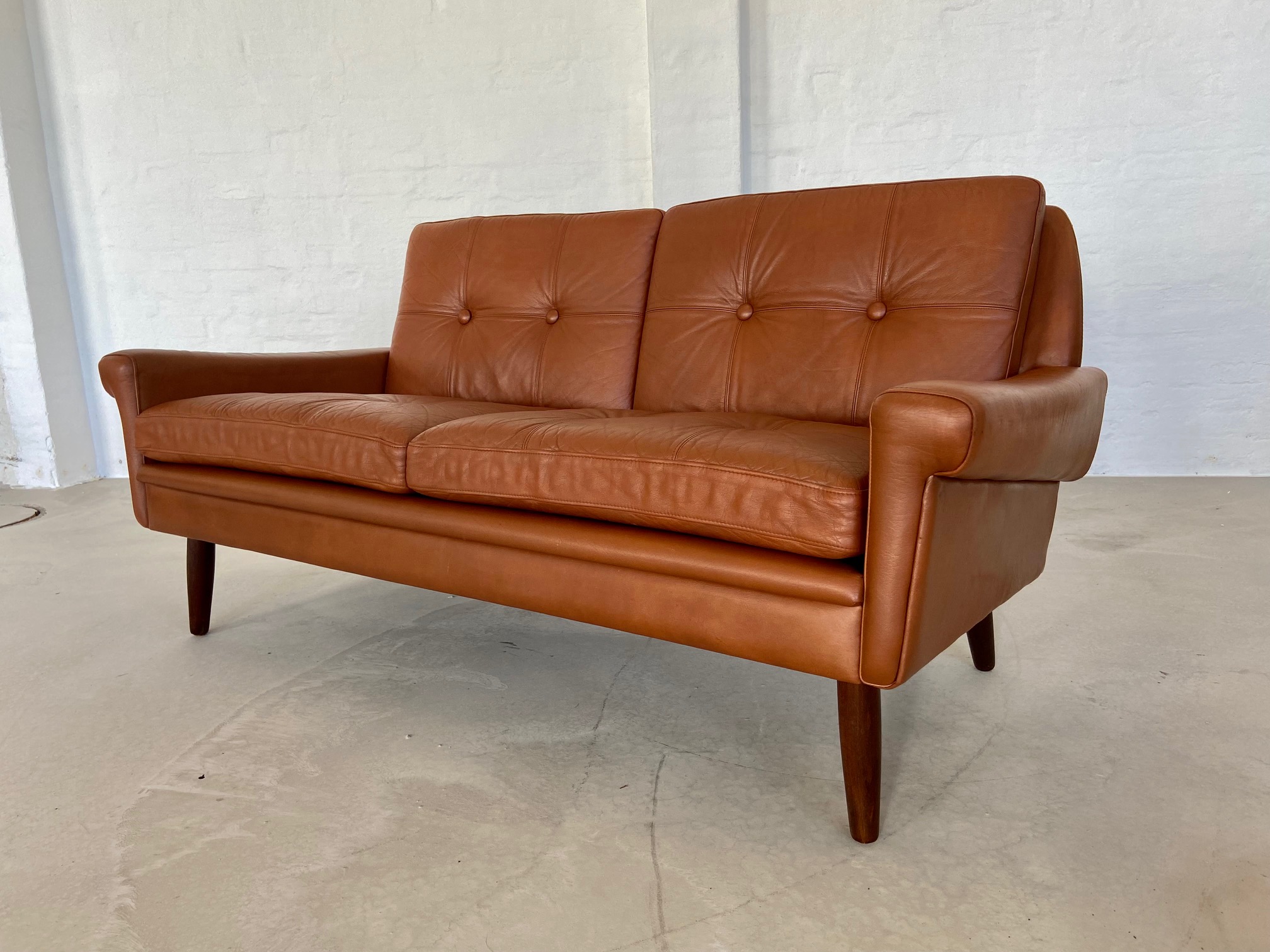 Vintage Danish Mid Century Svend Skipper 2 Person Cognac Leather Sofa