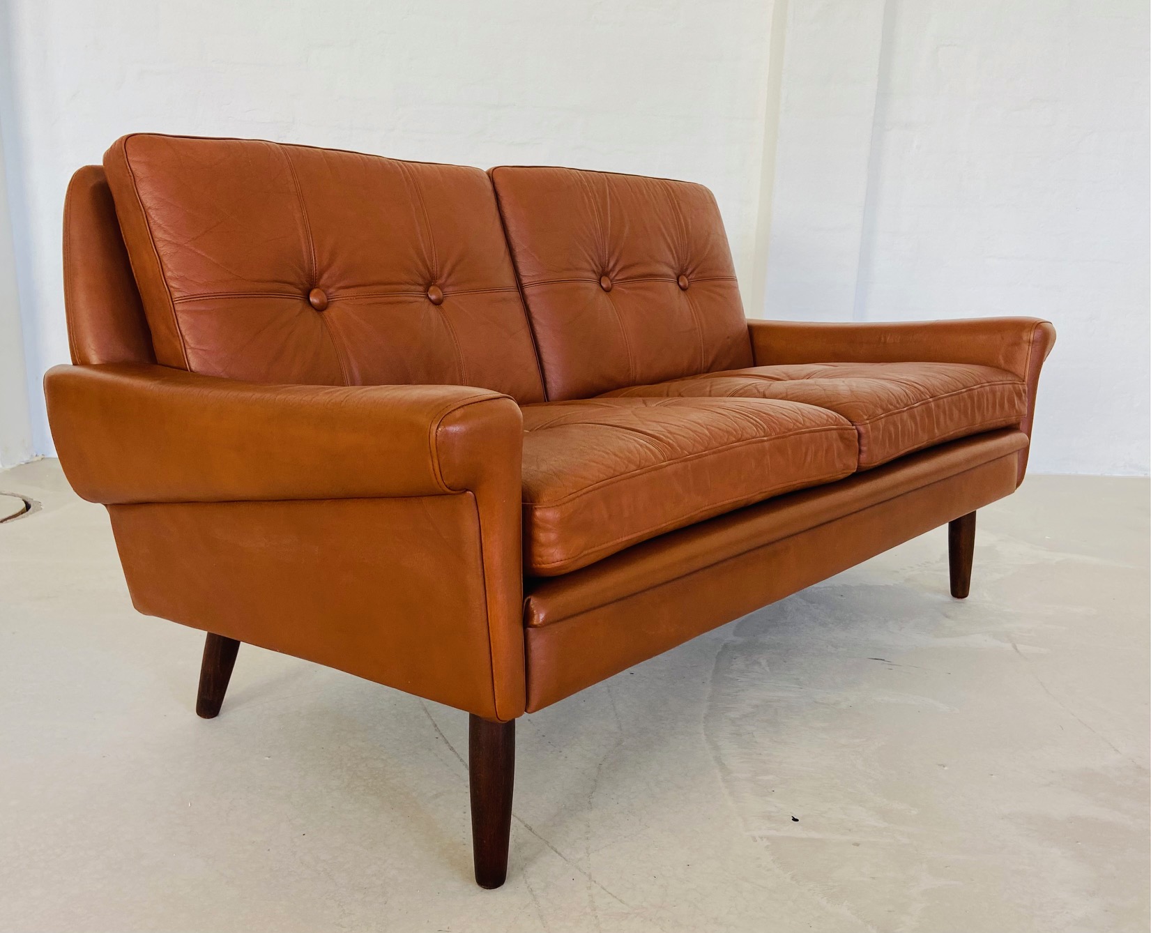 Vintage Danish Mid Century Svend Skipper 2 Person Cognac Leather Sofa