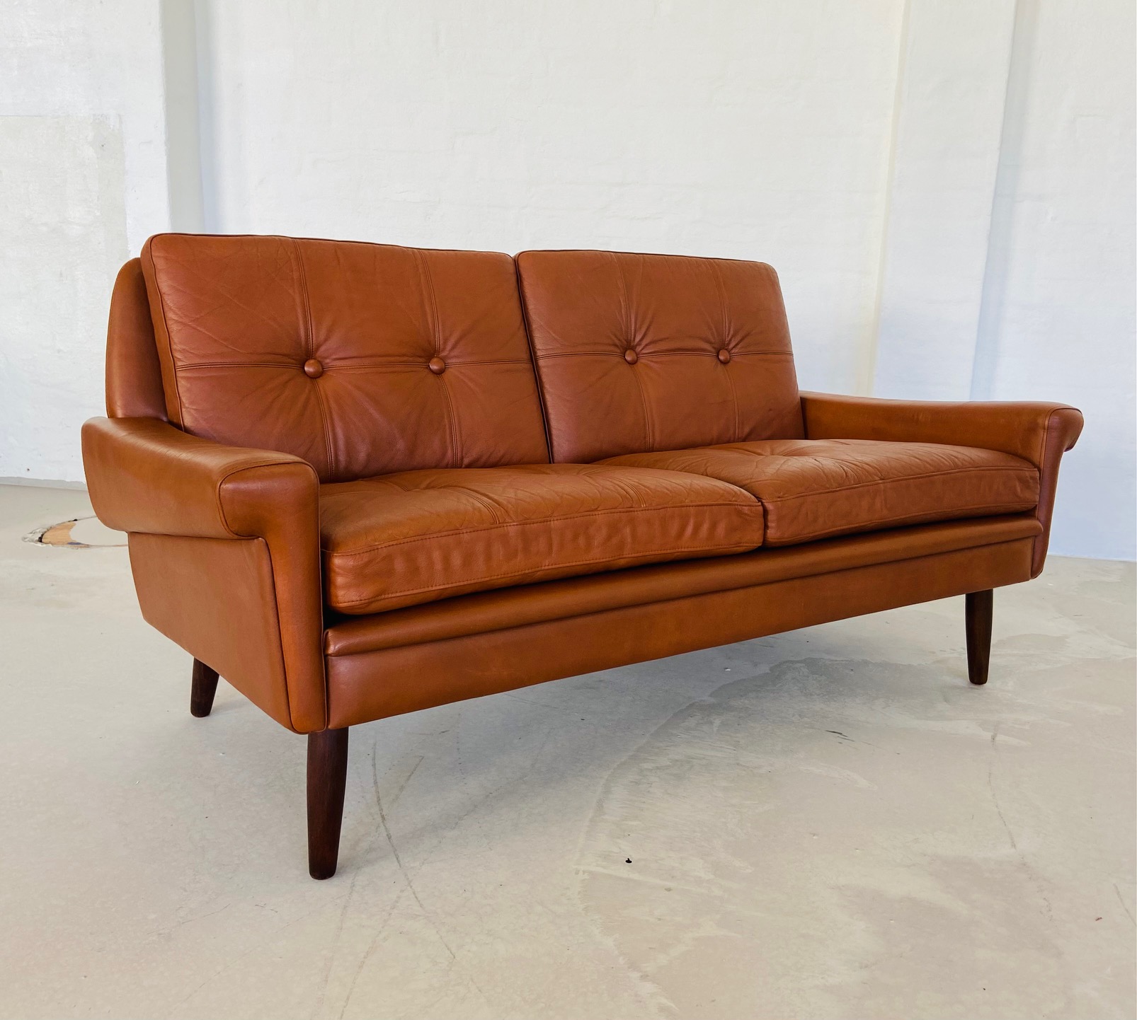 Vintage Danish Mid Century Svend Skipper 2 Person Cognac Leather Sofa