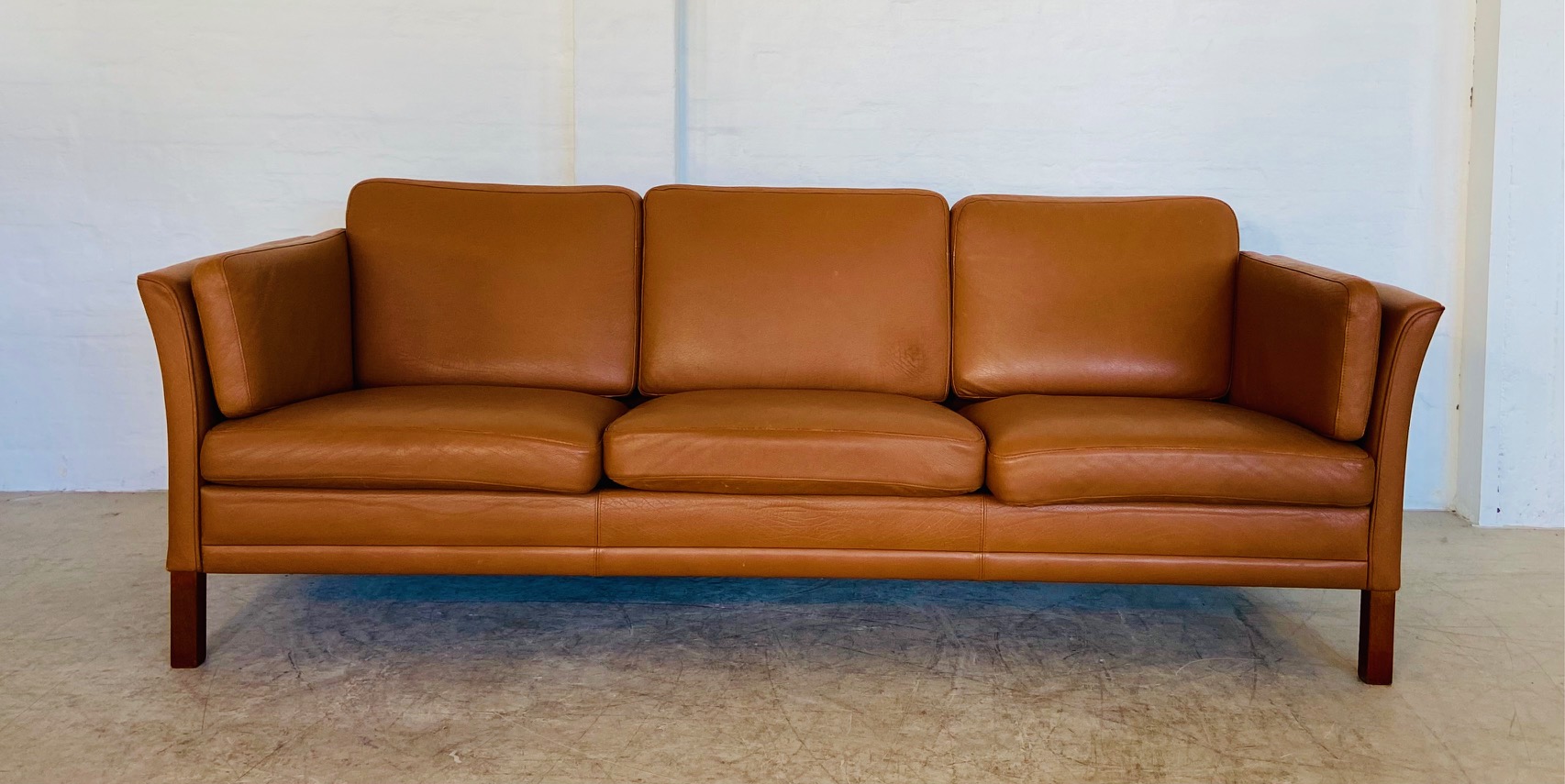 IMG_9795 Vintage Danish Mid Century Morgans Hansen Cognac 3 Seater Sofa