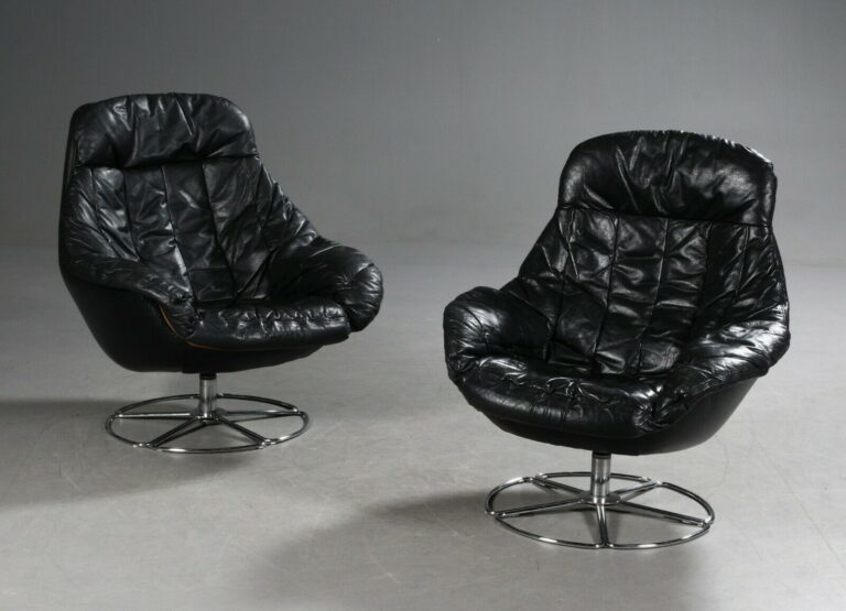 image Vintage Danish Mid Century H.W.Klein Lounge Chairs In Black Leather