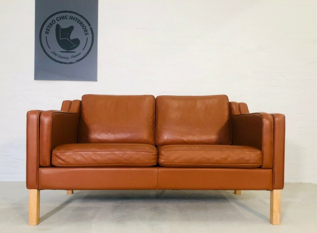 Vintage Danish Mid Century 2 Person Sofa In Cognac Leather 1960's