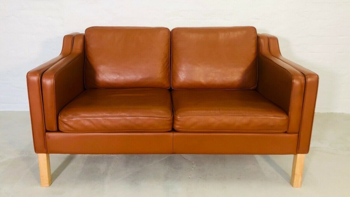 Vintage Danish Mid Century 2 Person Sofa In Cognac Leather 1960's