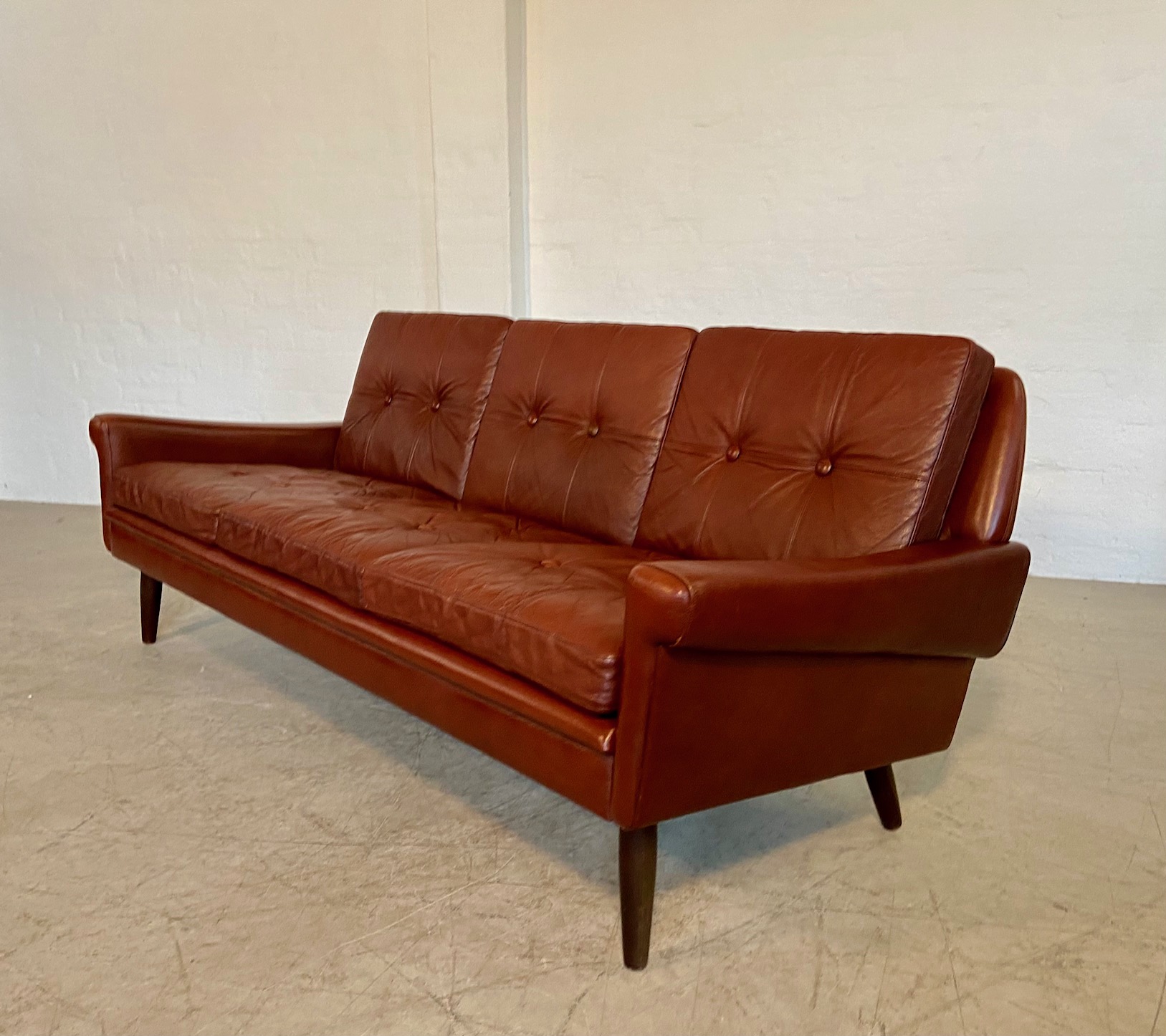 IMG_9481 Vintage Danish Mid Century 3 person sofa in Chestnut Brown Leather 1960,s