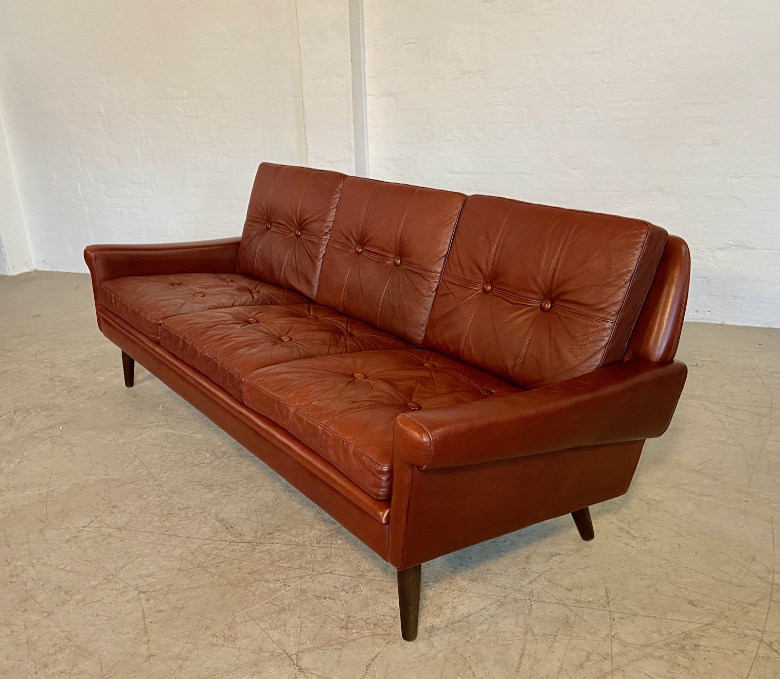 IMG_9482 Vintage Danish Mid Century 3 person sofa in Chestnut Brown Leather 1960,s