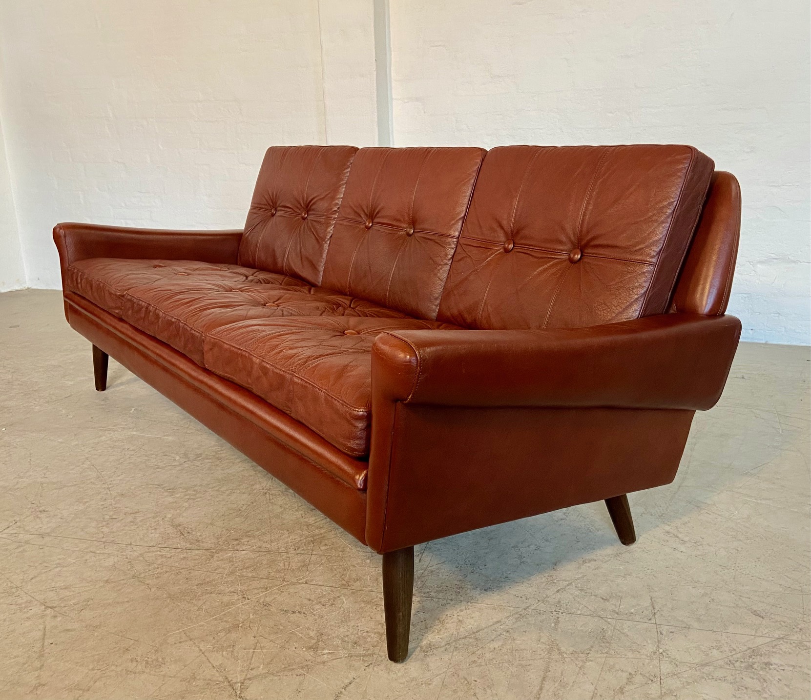 IMG_9484 Vintage Danish Mid Century 3 person sofa in Chestnut Brown Leather 1960,s