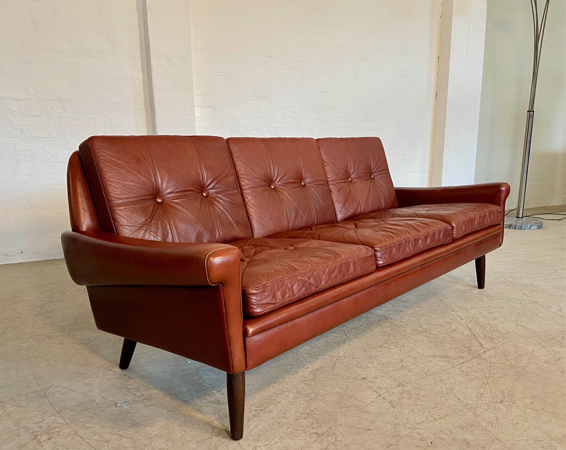 IMG_9489 Vintage Danish Mid Century 3 person sofa in Chestnut Brown Leather 1960,s