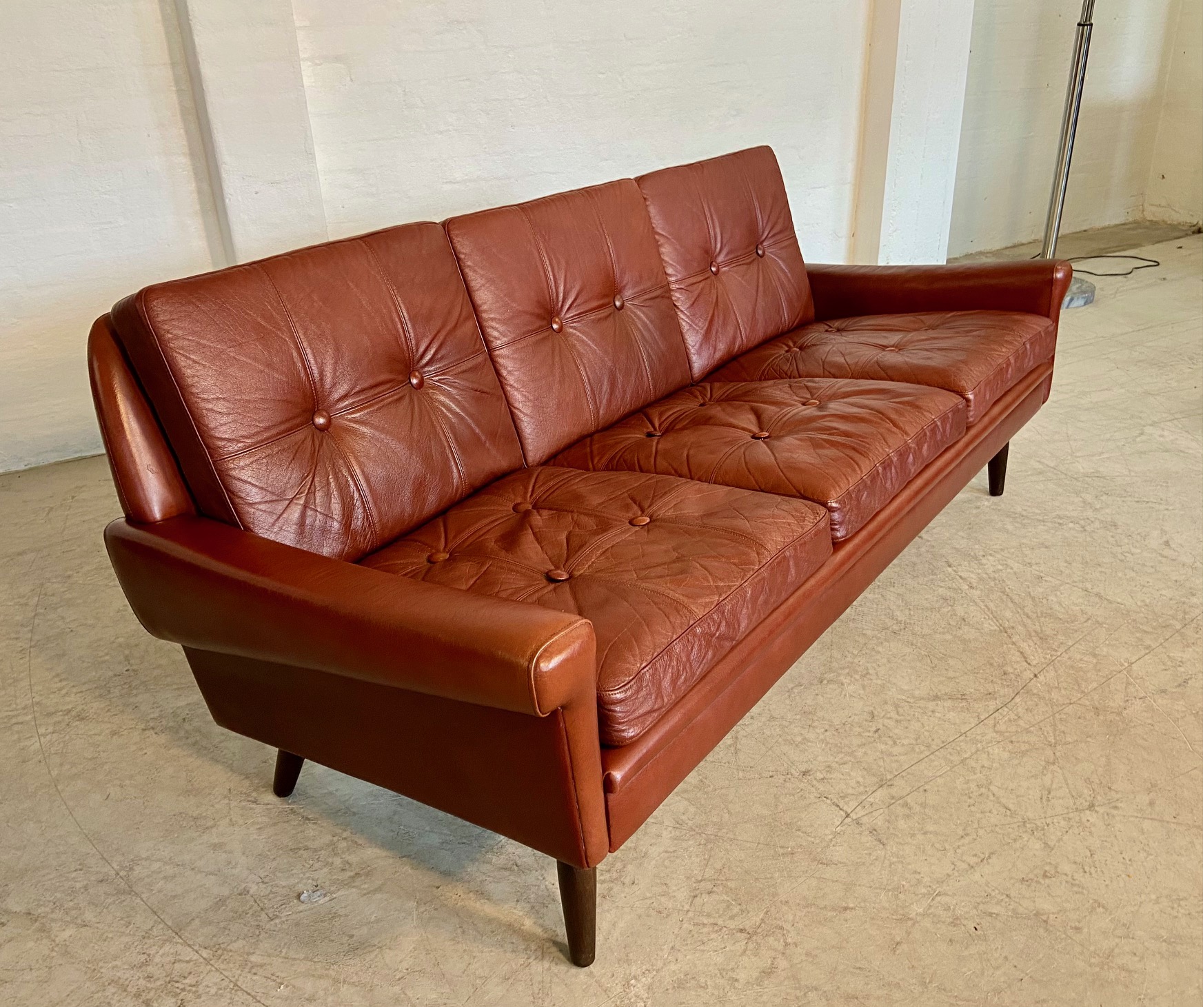 IMG_9490 Vintage Danish Mid Century 3 person sofa in Chestnut Brown Leather 1960,s