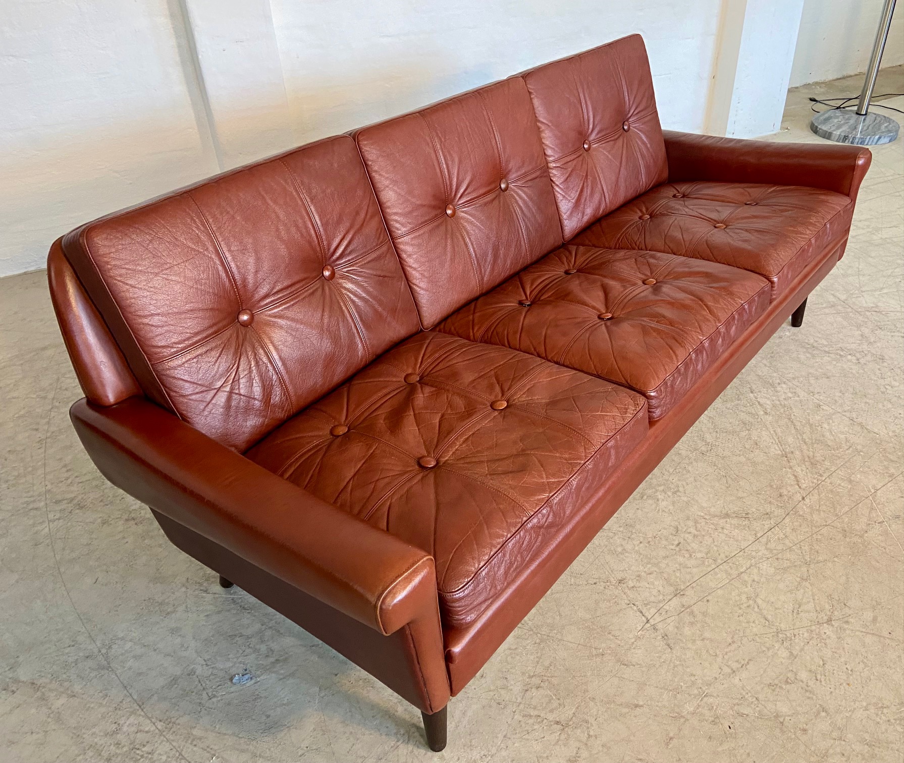 IMG_9494 Vintage Danish Mid Century 3 person sofa in Chestnut Brown Leather 1960,s