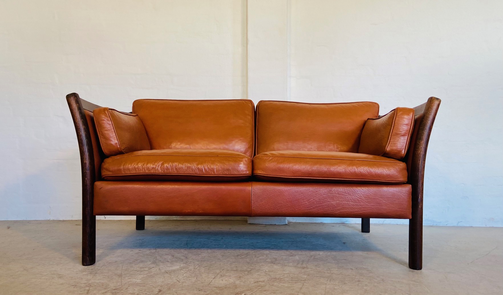 IMG_9596 Vintage Danish Mid Century 2 Person Sofa In Cognac Leather 1960's