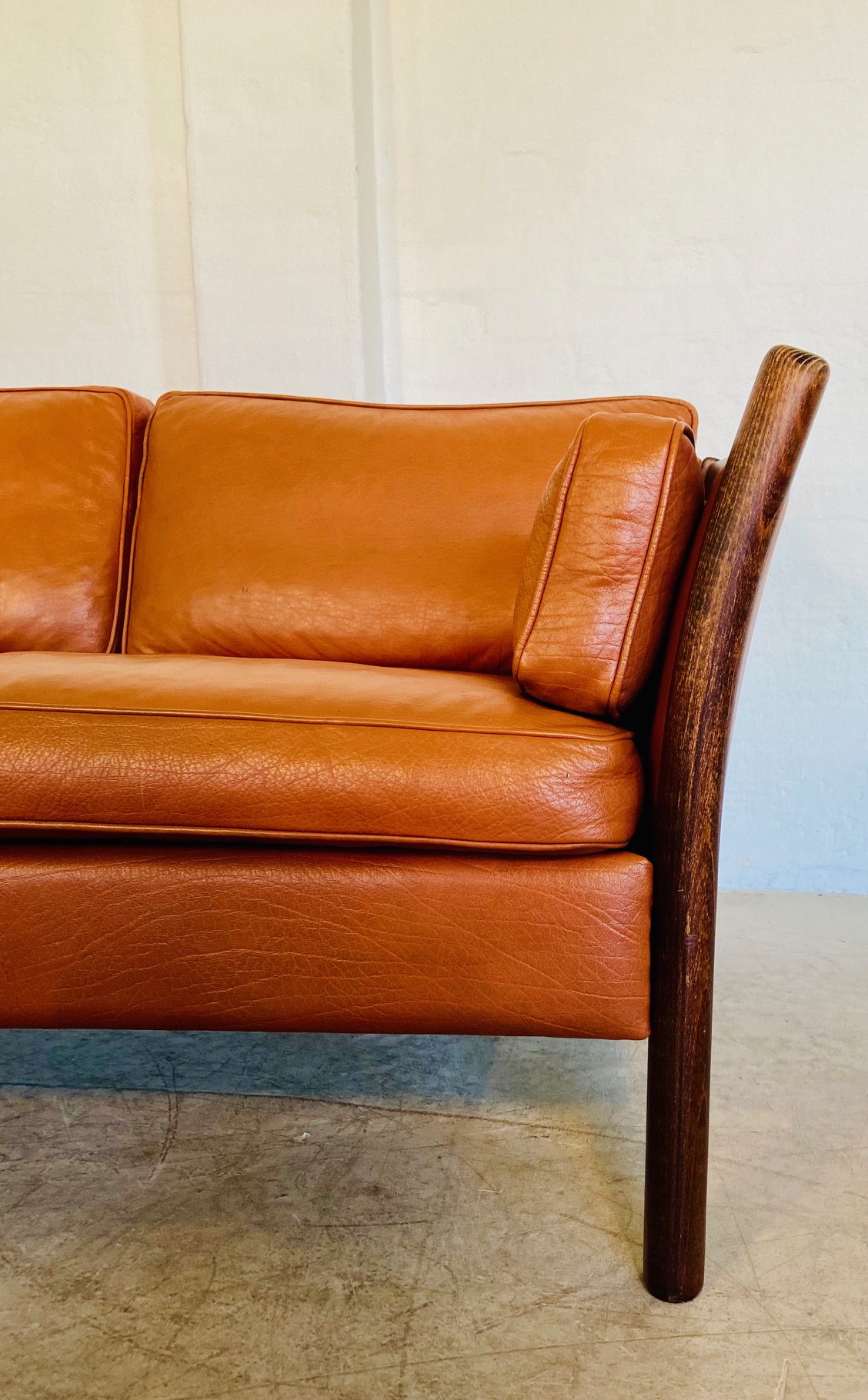 IMG_9600 Vintage Danish Mid Century 2 Person Sofa In Cognac Leather 1960's