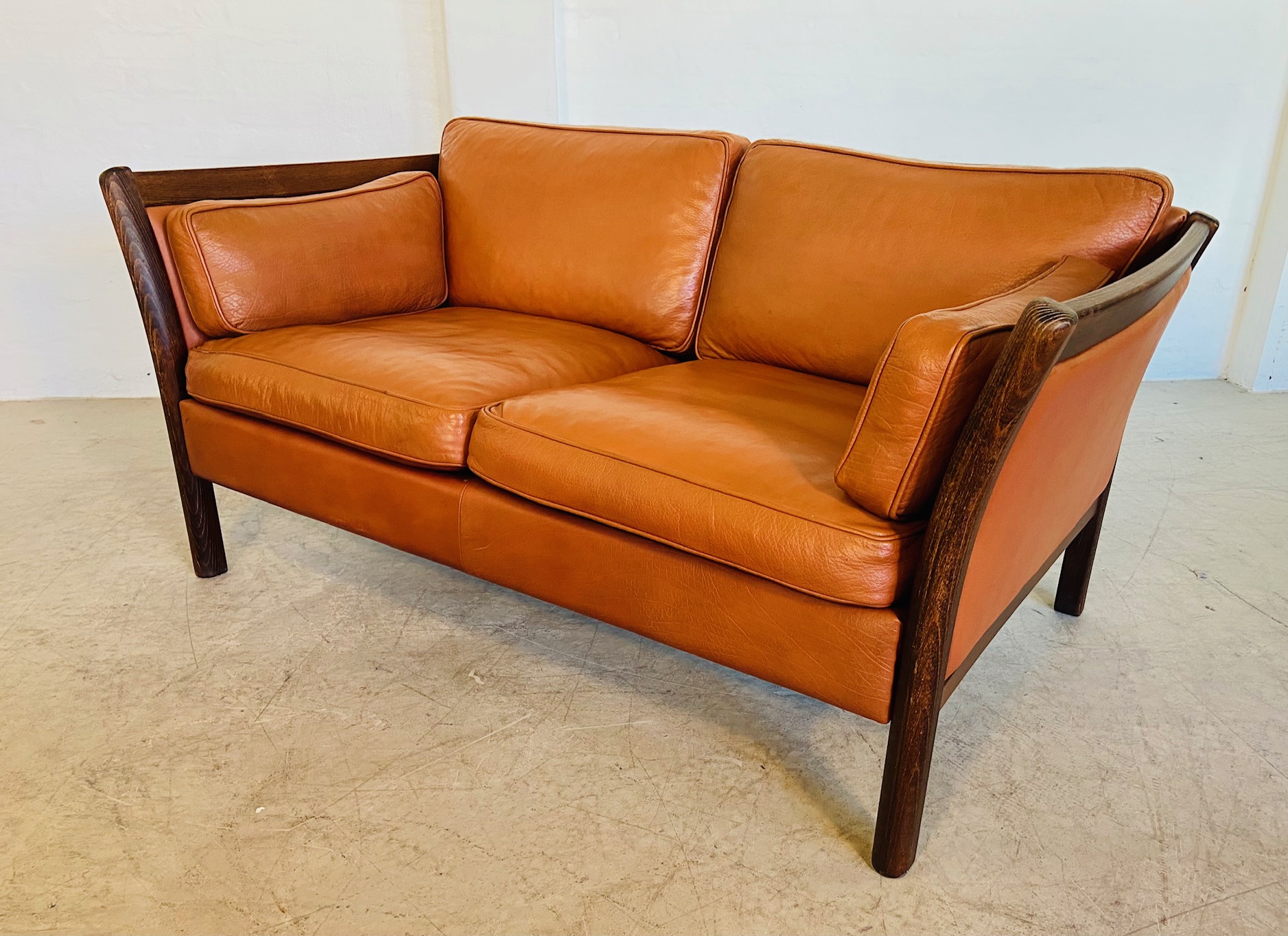 IMG_9604 Vintage Danish Mid Century 2 Person Sofa In Cognac Leather 1960's