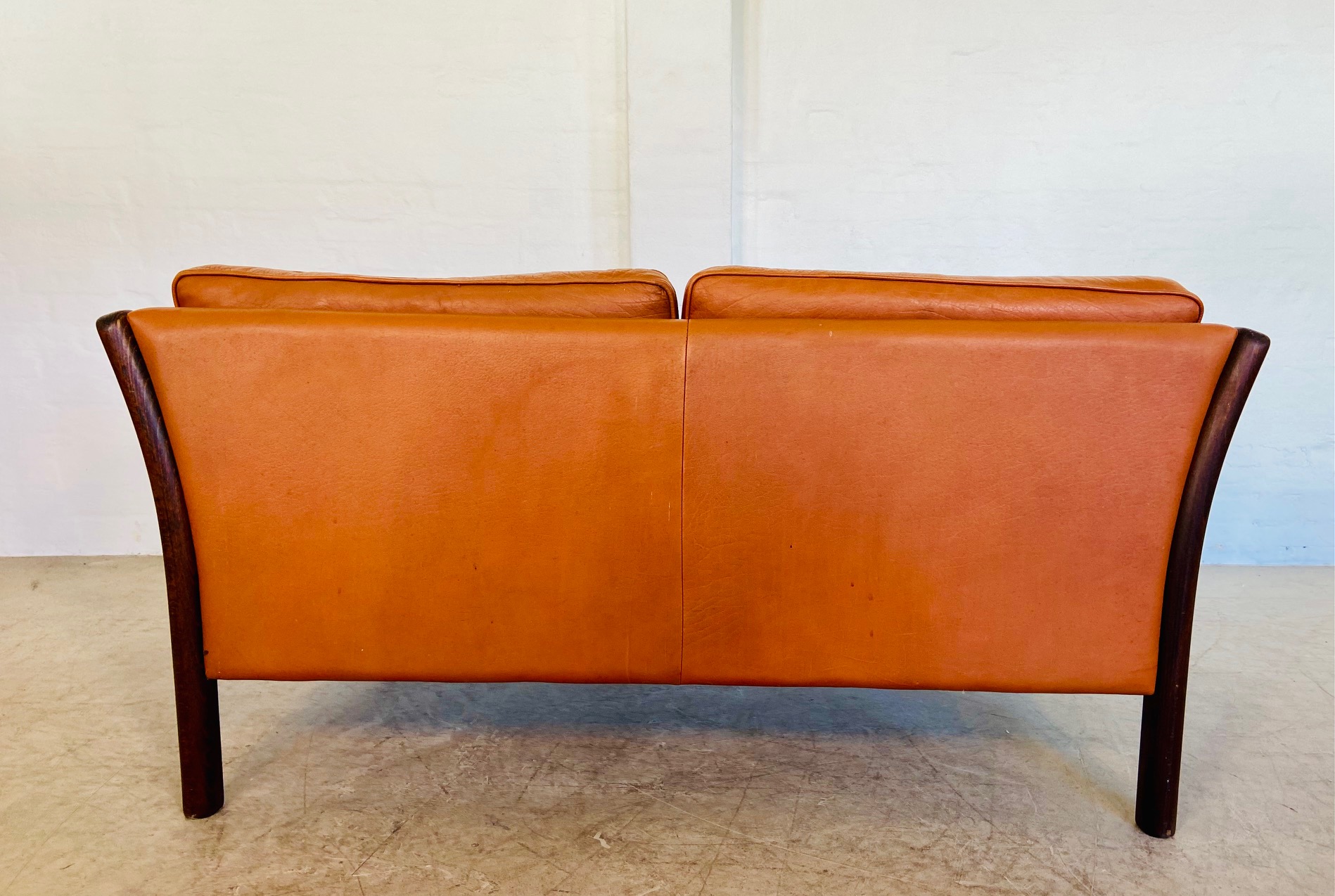 IMG_9622 Vintage Danish Mid Century 2 Person Sofa In Cognac Leather 1960's