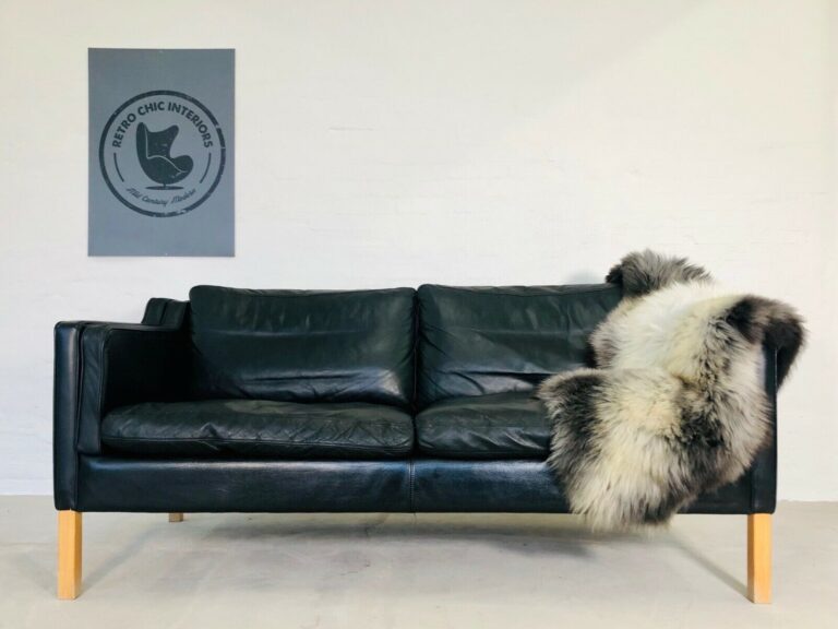 Vintage Danish Mid Century Stouby 2 1/2 Person Black Leather Sofa