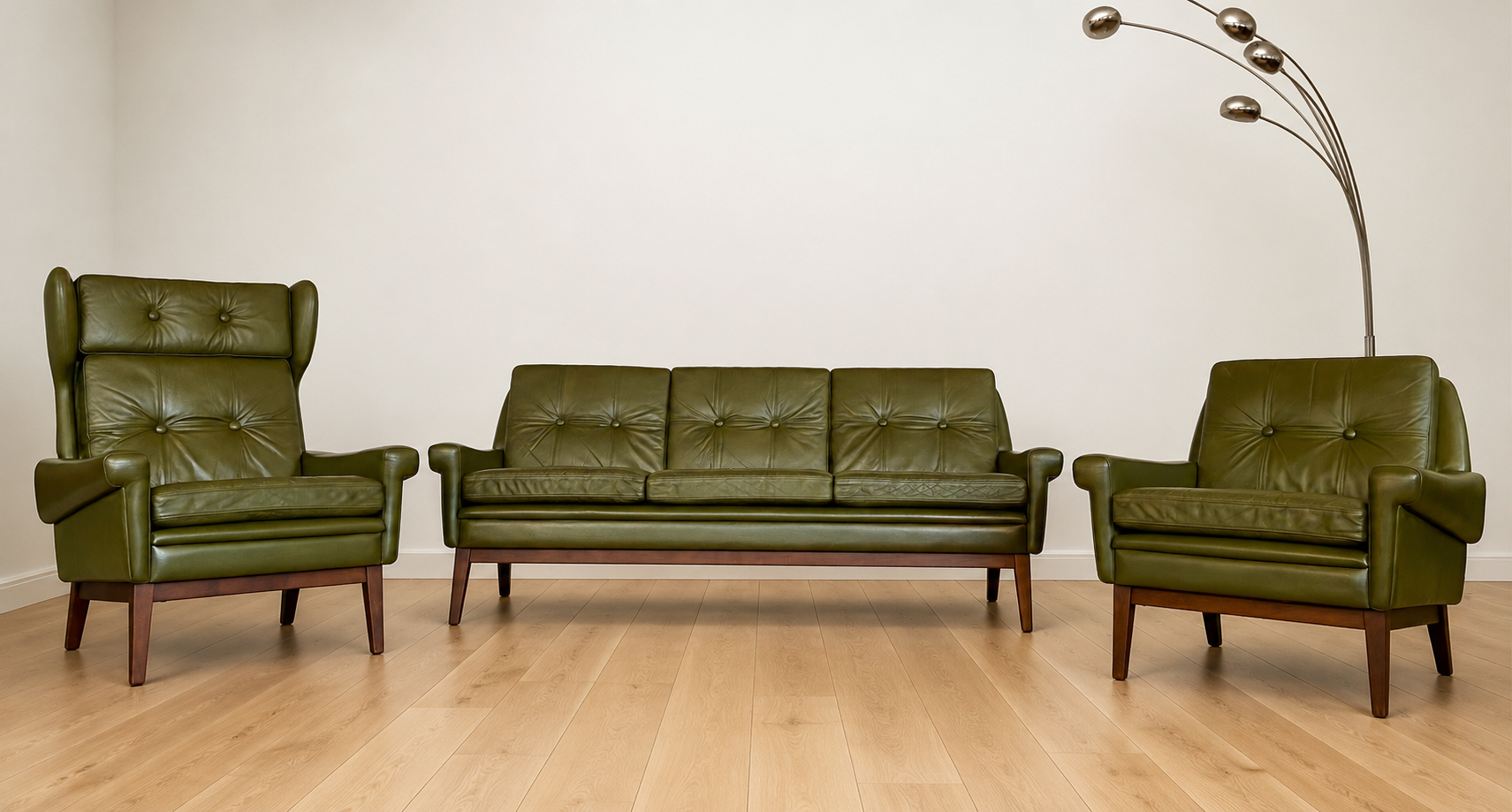 ChatGPT Image Jul 7, 2026, 04_48_57 PM Svend Skipper Vintage Danish Mid Century 3 Person sofa Set in Olive green leather 1965