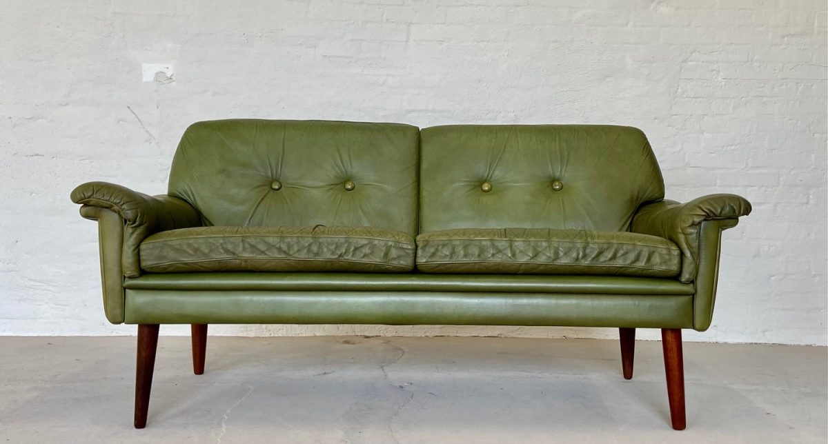 Vintage Danish Mid Century Svend Skipper 2 Person sofa in Olive green leather  1965