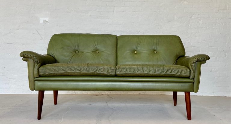Vintage Danish Mid Century Svend Skipper 2 Person sofa in Olive green leather  1965