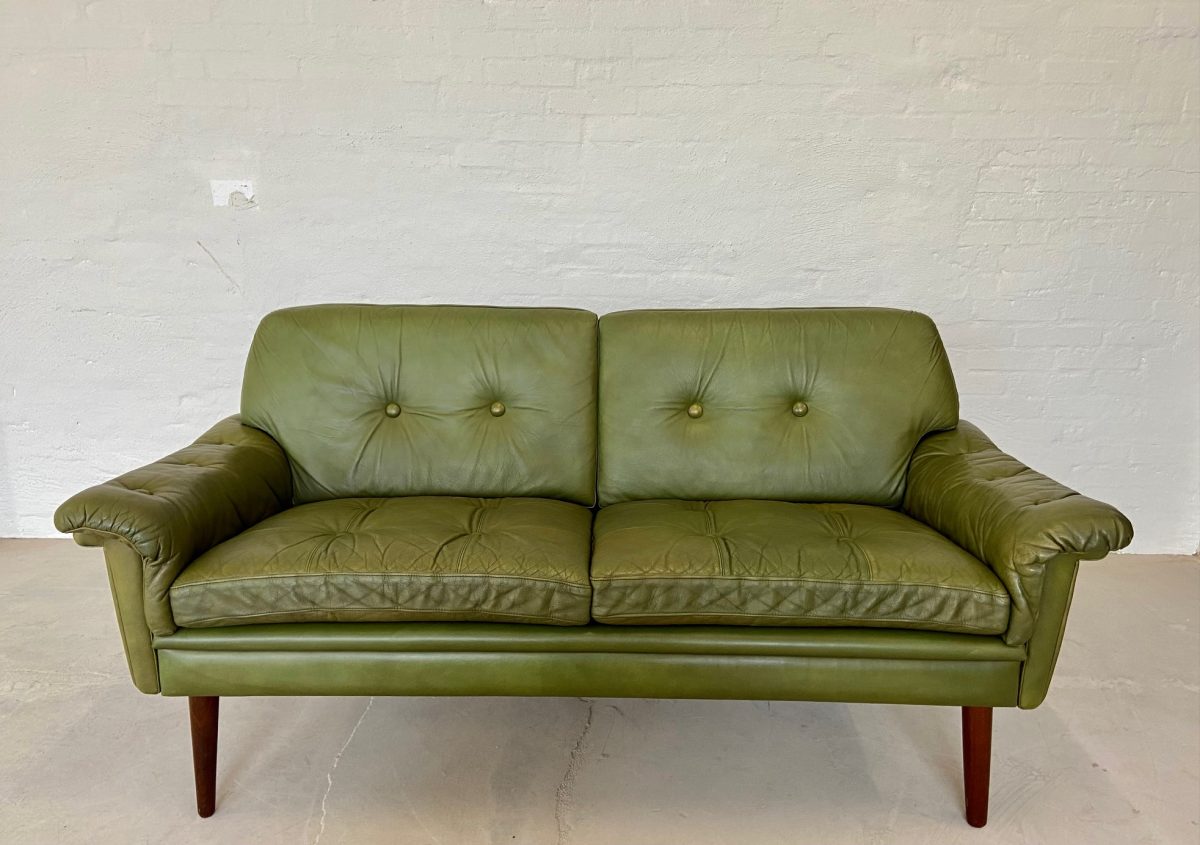 Vintage Danish Mid Century Svend Skipper 2 Person sofa in Olive green leather  1965