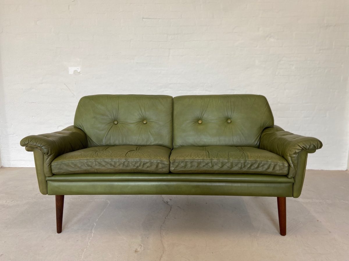 Vintage Danish Mid Century Svend Skipper 2 Person sofa in Olive green leather  1965