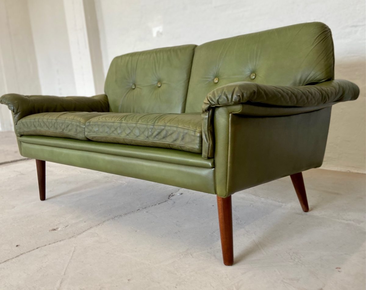 Vintage Danish Mid Century Svend Skipper 2 Person sofa in Olive green leather  1965