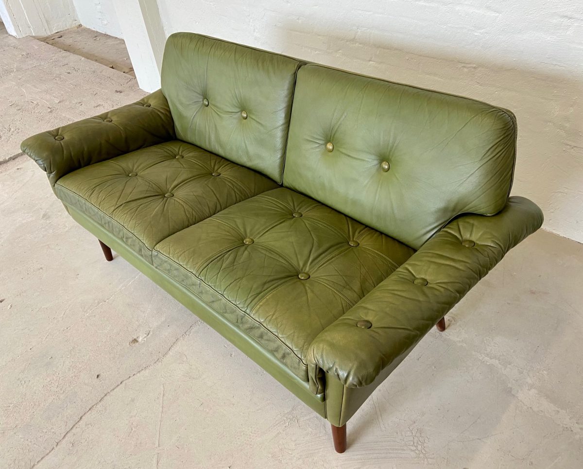 Vintage Danish Mid Century Svend Skipper 2 Person sofa in Olive green leather  1965