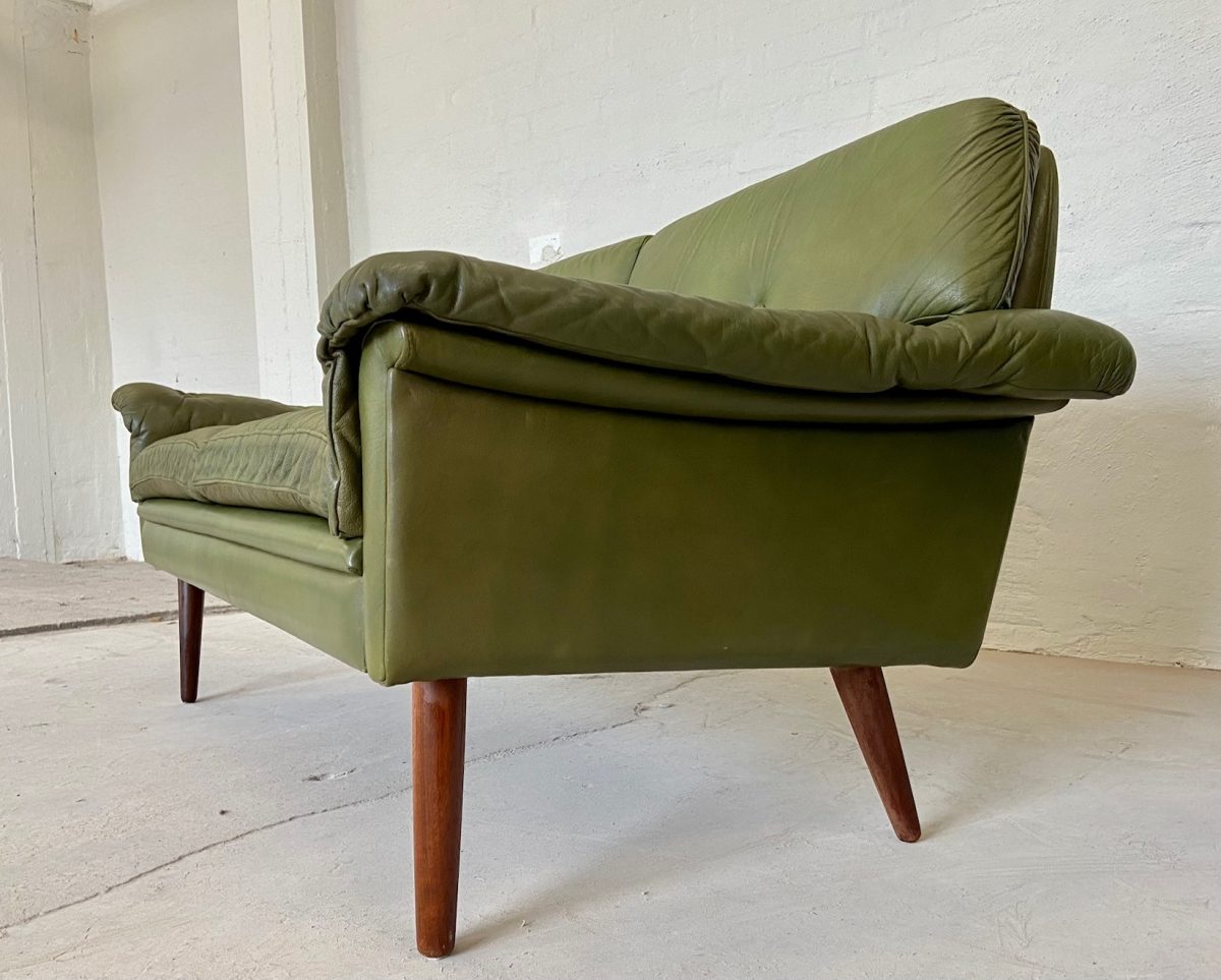 Vintage Danish Mid Century Svend Skipper 2 Person sofa in Olive green leather  1965