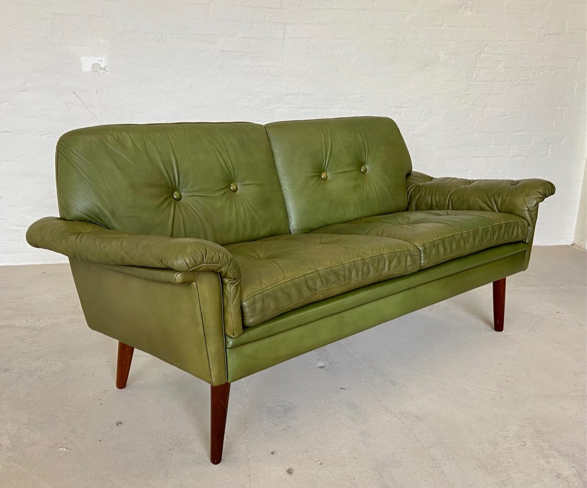 Vintage Danish Mid Century Svend Skipper 2 Person sofa in Olive green leather  1965