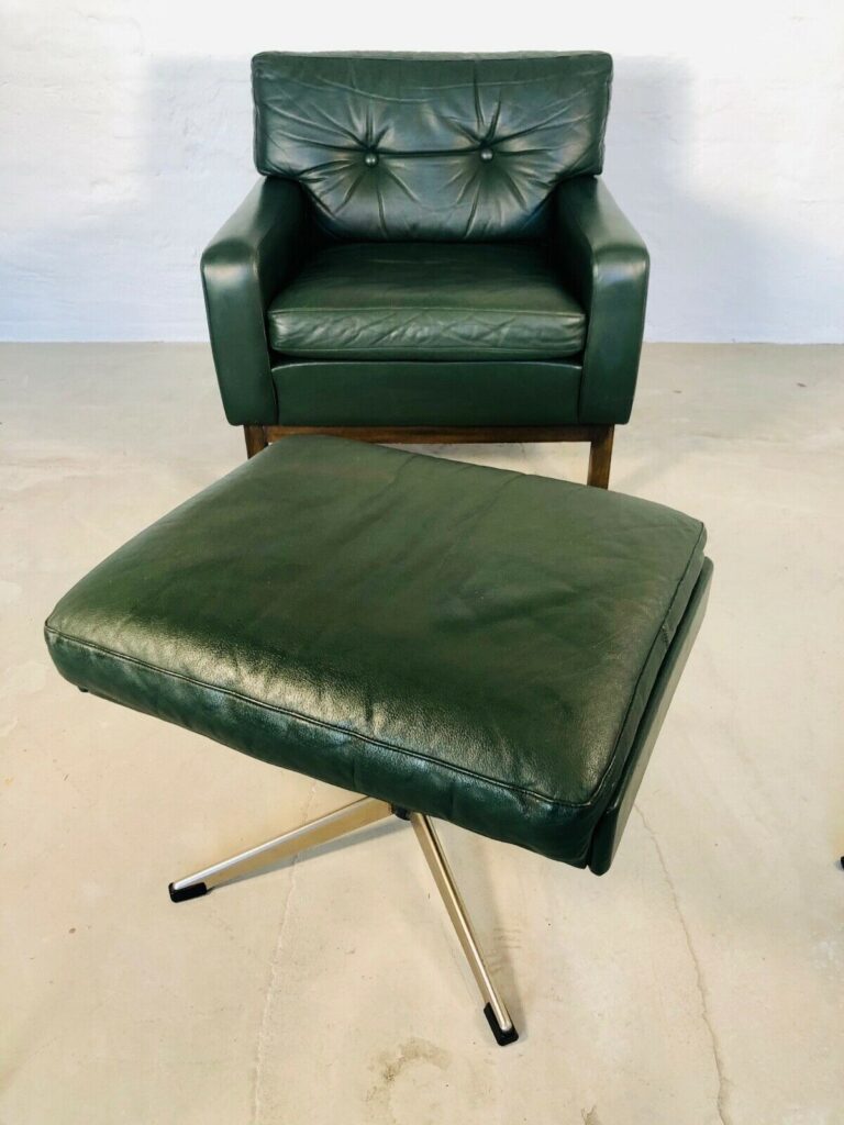 Vintage Danish Mid Century Leather Lounge Chair With Matching Footstool 1970's
