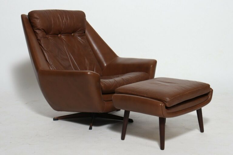image Vintage Danish Mid Century Leather Lounge Chair And Matching Footstool 1970's