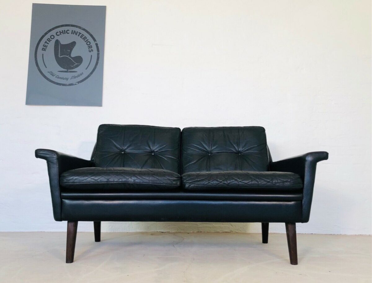 Vintage Danish Mid Century Svend Skipper Black Leather 2 Person Sofa 1965