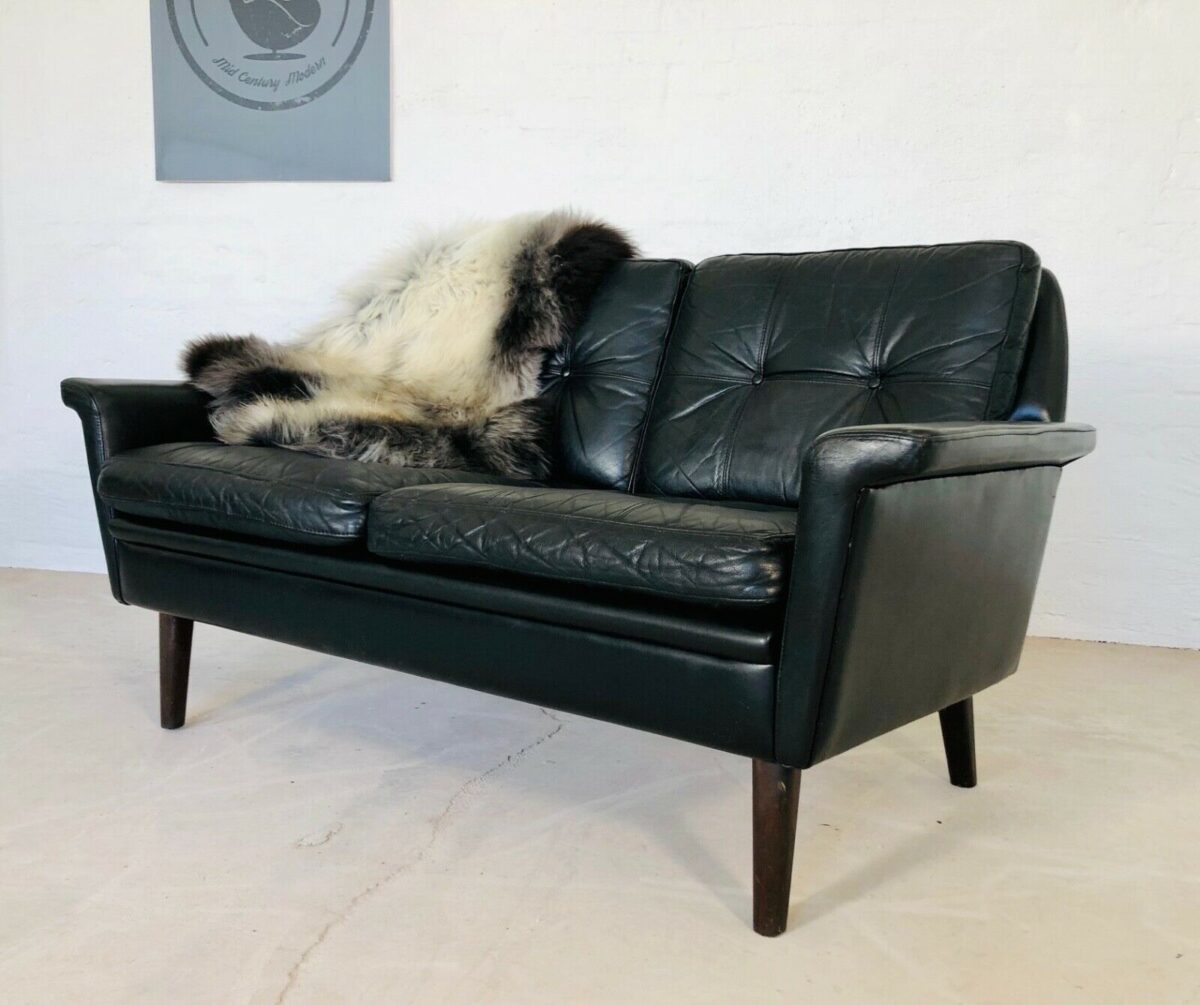 Vintage Danish Mid Century Svend Skipper Black Leather 2 Person Sofa 1965